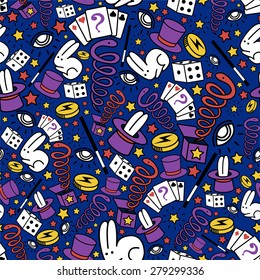 Magician's equipments seamless pattern Seamless pattern made of magician's equipments: magic hat, magic rabbit, magic stick, magic snake, magic cards and other kinds of magic. 
