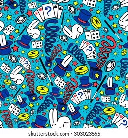 Magician's equipments seamless pattern Seamless pattern made of magician's equipments: magic hat, magic rabbit, magic stick, magic snake, magic cards and other kinds of magic.
