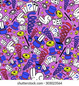 Magician's equipments seamless pattern Seamless pattern made of magician's equipments: magic hat, magic rabbit, magic stick, magic snake, magic cards and other kinds of magic.
