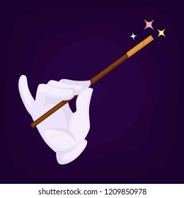 Magicians hand wearing gloves with wand and star on top of it.