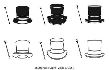 magician's hat icon set with magic stick. vector illustration isolated on white background.