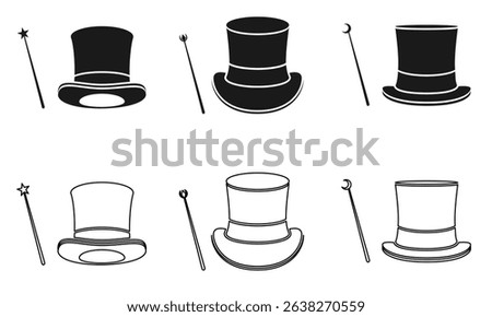 magician's hat icon set with magic stick. vector illustration isolated on white background.