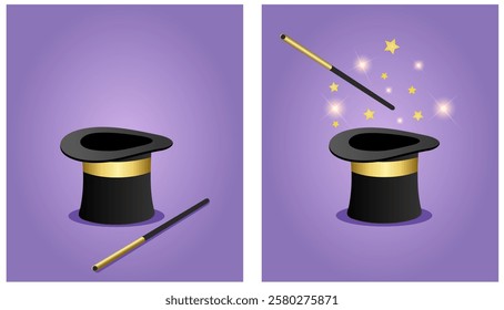 Magicians hat with magic wand set. Wizard conjure cylinder. Vector illustration. Circus show, abracadabra wand. 