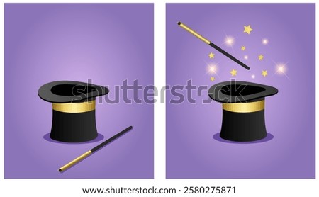 Magicians hat with magic wand set. Wizard conjure cylinder. Vector illustration. Circus show, abracadabra wand. 
