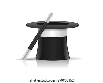 Magicians hat with magic wand stick vector illustration isolated on white