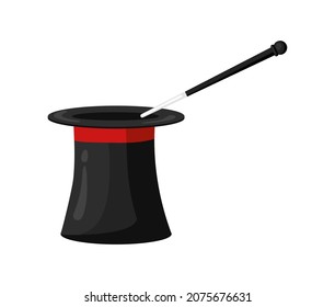 Magicians hat with magic wand. Wizard conjure black cylinder, vector illustration isolated on white background