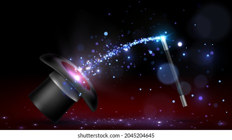 Magician's hat with sparks and light flying from it and a magic wand