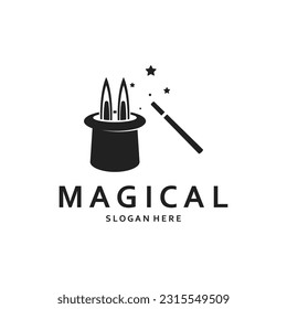 Magician's Hat and Wand Logo Vector Design.
