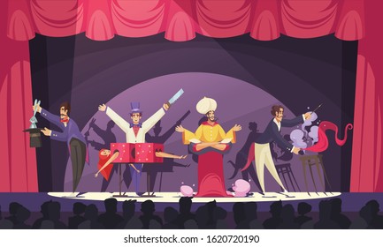 Magicians and jinn performing on circus stage in front of audience cartoon vector illustration