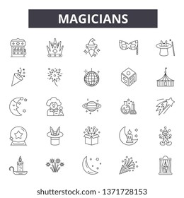 Magicians line icons, signs set, vector. Magicians outline concept, illustration: magician,hat,magic,wand,trick,isolated