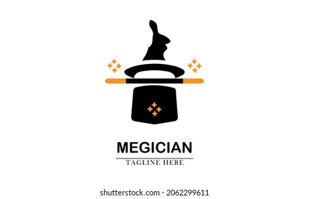 magician's long hat, rabbit magic wand and four stars above, good for magic icon logo