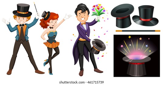 Magicians with magic wand and hat illustration