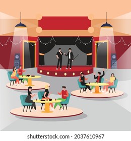 magicians performing on stage and tricks with viewer, stage magic show, Entertainment event scene vector illustration