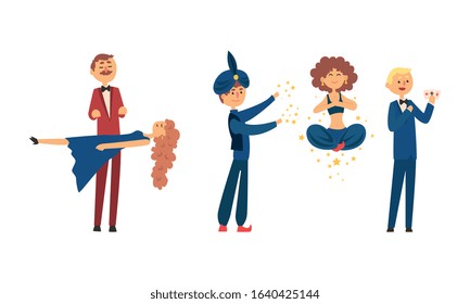 Magicians Performing Tricks Set, Circus Artists Characters Taking Part at Magic Show, Vector Illustration