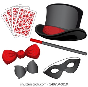 Magician's set: black hat, red tie, magic wand, cards, mask face, black tie. Vector illustration.