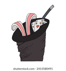 A magician's top hat with rabbit ears, a magic wand and cards. Freehand drawing. Doodle. Hand Drawn. Outline.
