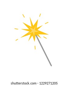 Magicion stick with star, flat icon isolated. Vector cartoon clipart, golden star on top of wand. Flat style design of wizard magical and mystery stuff