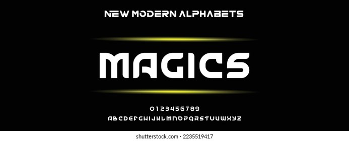 MAGICS Unique and Minimal Tech Letter set for your new startup. Creative and original font logo design. Gaming and sports vector typeface