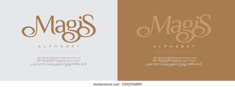 Magis typography beauty fashion elegant minimalist serif italic fonts decorative wedding vintage retro logos. Minimal luxury font alphabet logo. Vector illustration