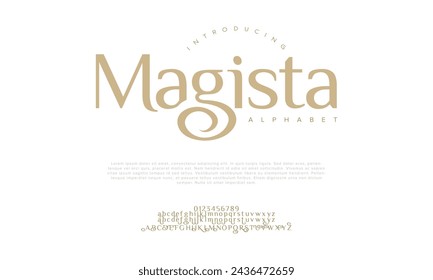 Magisita premium luxury elegant alphabet letters and numbers. Elegant wedding typography classic serif font decorative vintage retro. Creative vector illustration