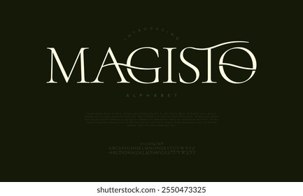 Magisto typography beauty fashion elegant minimalist serif italic fonts decorative wedding vintage retro logos. Minimal luxury font alphabet logo. Vector illustration