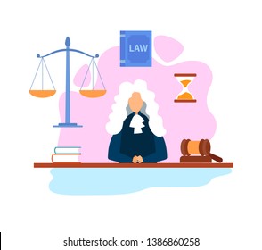 Magistrate in Courtroom Flat Vector Illustration. Judge Cartoon Character Wearing Wig and Gown. Supreme Court, Tribunal. Hourglass, Scales, Gavel, Legal Book. Legislative Authority, Justice