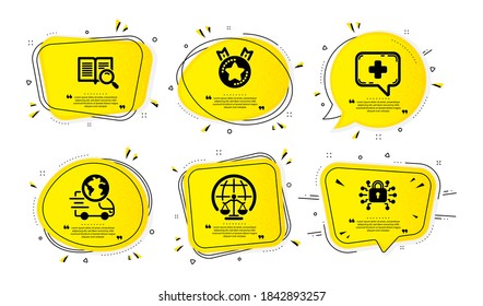 Magistrates court, Ranking star and Search text icons simple set. Yellow speech bubbles with dotwork effect. Delivery service, Medical chat and Security lock signs. Vector