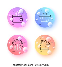 Magistrates court, Wallet and Shop cart minimal line icons. 3d spheres or balls buttons. Street light icons. For web, application, printing. Internet judgement, Send money, Web buying. Vector