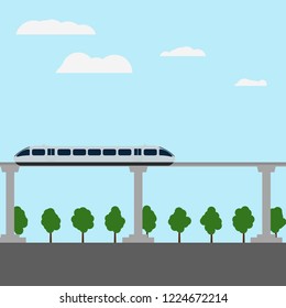 Maglev Rail Train Vector Illustration. Electric Fast Train Line Art Concept. Monorail Subway With Magnet Levitation Technology Graphic Design.