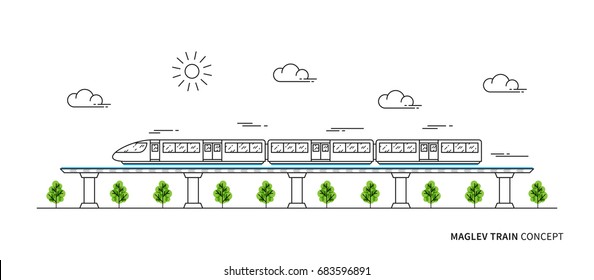 Maglev rail train vector illustration. Electric fast train line art concept. Monorail subway with magnet levitation technology graphic design.
