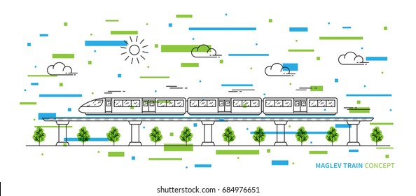 Maglev Rail Train Vector Illustration With Colorful Elements. Electric Fast Train Line Art Concept. Monorail Subway With Magnet Levitation Technology Graphic Design.
