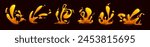 Magma and lava fire effect. 2d liquid volcano splash. Magic fx flame burst design set. Hell energy explosion motion isolated icon. Boiling volcanic flow. Red and orange eruption wave falling ui