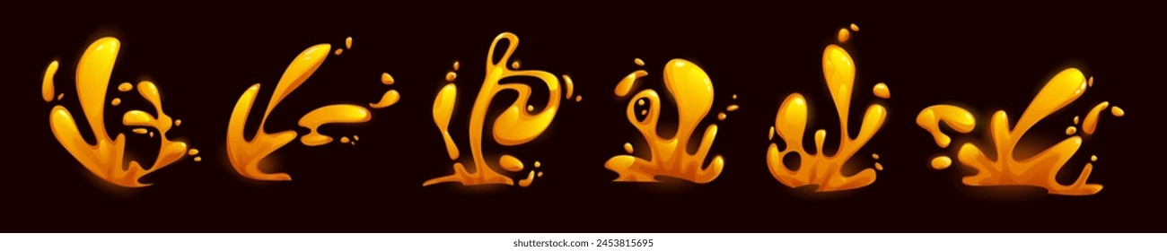 Magma and lava fire effect. 2d liquid volcano splash. Magic fx flame burst design set. Hell energy explosion motion isolated icon. Boiling volcanic flow. Red and orange eruption wave falling ui