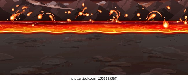 Magma ou lava paisagem oceânica ilustração_Lado rolando jogo background_Seamless