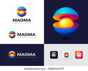 Magma logo. Planet symbol. Hot magma inside planet. Brand identity, use of colors and app icons.