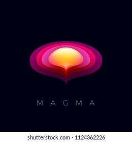 Magma logo. Sphere and orbits emblems. Abstract red and yellow logo. Beautiful abstract icon on a dark background. 