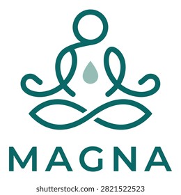 Magna brand logo featuring a meditating person with a water drop, symbolizing wellness and relaxation