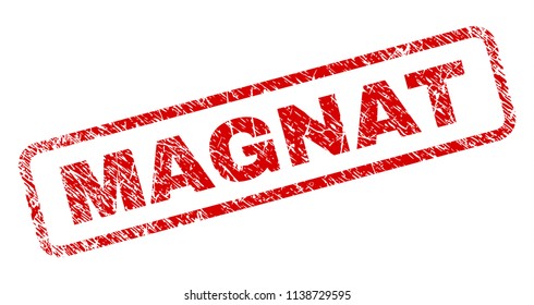 MAGNAT stamp seal print with distress style. Red vector rubber print of MAGNAT caption with retro texture. Text caption is placed inside rounded rectangle frame.