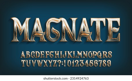 Magnate alphabet font. Damaged ornate metal letters and numbers. Stock vector typescript for your typography design. svg