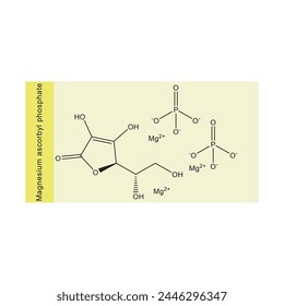 Magnesium ascorbyl phosphate skeletal structure diagram.Vitamin C derivative compound molecule scientific illustration on yellow background.