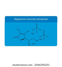 Magnesium ascorbyl phosphate skeletal structure diagram.Vitamin C derivative compound molecule scientific illustration on blue background.