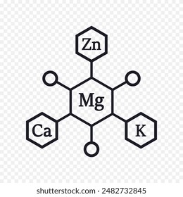 Magnesio, Calcio, Potasio, Zinc. Microelementos y macroelementos químicos. Microelementos necesarios para los seres humanos. Ilustración vectorial.