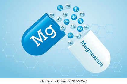 Magnesium capsule with Mg element icon, healthy food symbol. Medical minerals and macronutrients on a blue gradient background. poster. Vector illustration