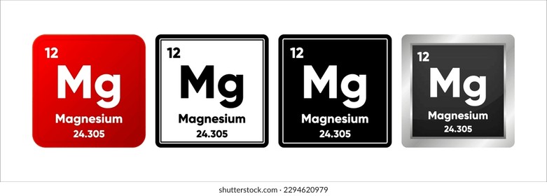 Magnesium chemical element with 12 atomic number, atomic mass and electronegativity values. Periodic table concept. Logo in four design. Simple black, realistic and color logo. Vector illustration.