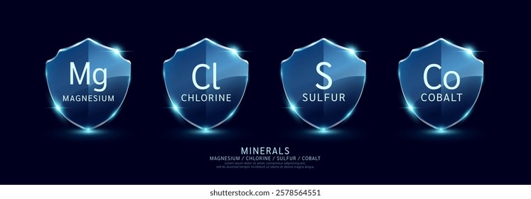 Magnesium Chlorine Sulfur Cobalt in translucent glass shield modern. Minerals set on dark blue background. For design dietary supplement products. Medical health care protection concept. Vector. - Powered by Shutterstock - Get 15% off with code: PIKWIZARD15