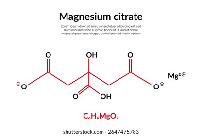 Citrato de magnésio, composto orgânico-metálico, fórmula de estrutura molecular, adequado para o conteúdo da ciência da educação ou química. Ilustração vetorial