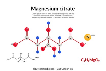Citrato de magnésio, composto orgânico metálico, fórmula de estrutura molecular, modelo bola-e-vara, adequado para a educação ou conteúdo de ciência química. Ilustração vetorial