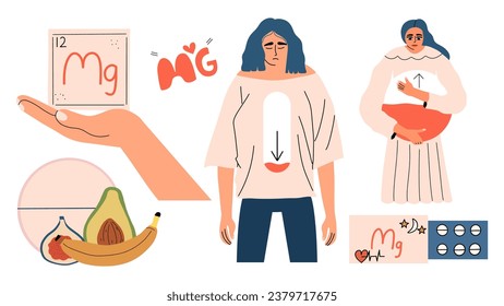 Magnesium deficiency and symptoms in a woman’s body and methods of treatment set. Vector illustration