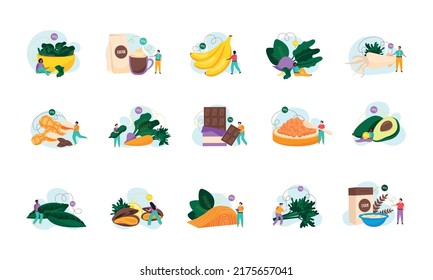 Magnesium foods flat icons set with healthy products and tiny people isolated on white background vector illustration