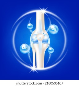 Magnesium help heal arthritis knee joint, pain in leg. Healthy bone skeleton x ray scan. On a blue background. Used for nutrition products food template design. 3D Vector EPS10.